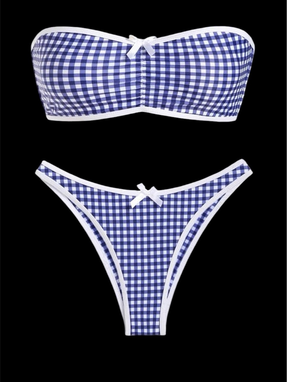 Sexy Blue Gingham Bow Decor Ruched Backless Lace Up Bandeau Bikini Set Strapless
